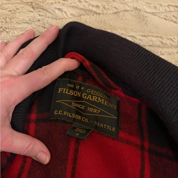 NWOT Filson Red and Black Plaid Bomber Jacket